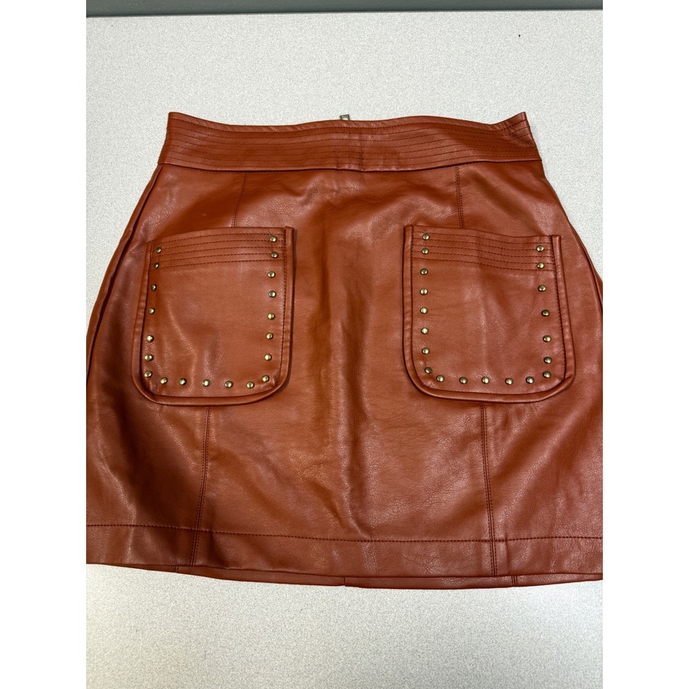 Womens Faux Leather Mini Skirt Studded Pockets Zipper Closure Brown‎